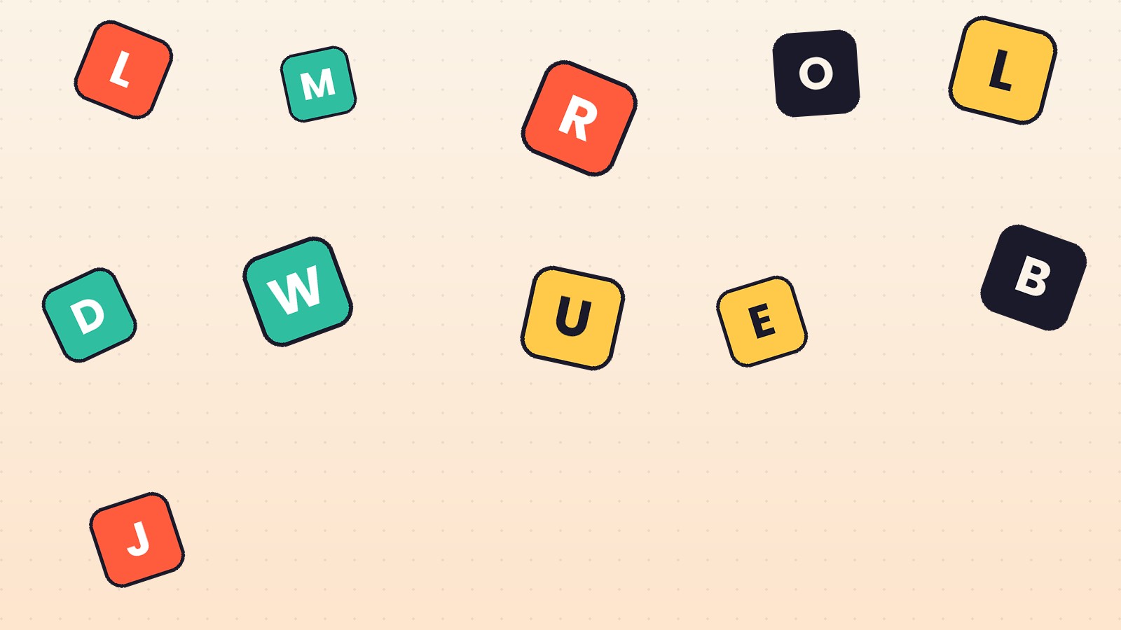 Scattered colorful letter tiles spelling out playful jumbled words on a warm cream background